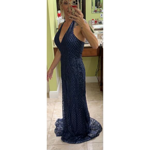 Abby Paris 90011 Formal midnight blue Glitter Gown 8 halter open back NWT $269 - Picture 6 of 14